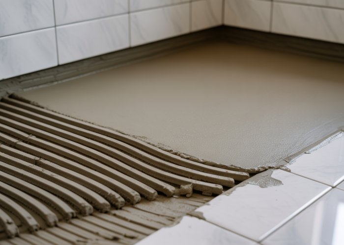 Shower floor pre-slope installation showing proper angle for drainage.