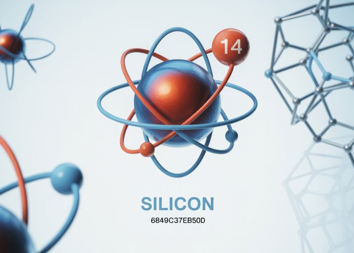 Illustration of a silicon atom showing its nucleus, electron shells, and the atomic number 14.