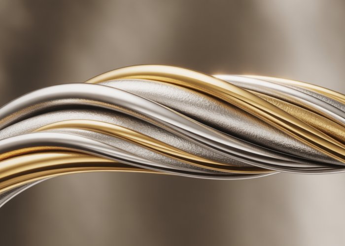 Close-up of a silver-gold alloy showing intricate patterns and color differences.