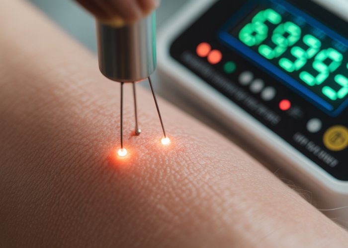 Close-up of skin resistance test with measurement device and digital readout.