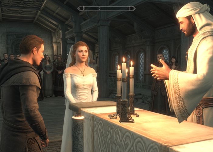 Skyrim: A character getting married in the Temple of Mara in Riften.