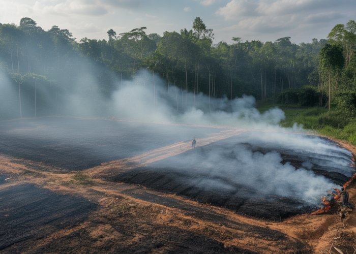 Aerial view of a slash and burn farm in Southeast Asia, showing deforested land and rising smoke.