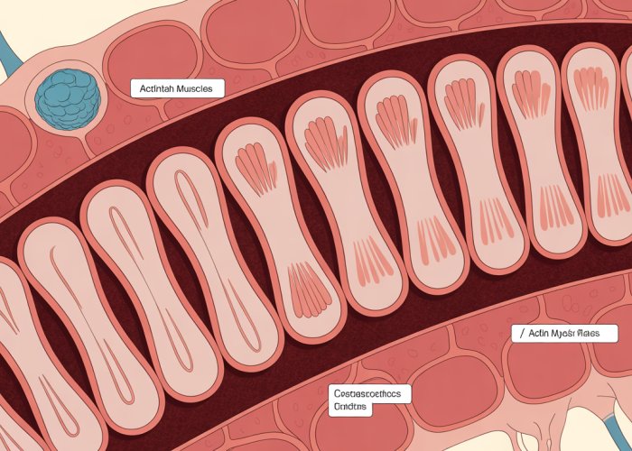 Illustration of smooth muscle tissue showing spindle-shaped cells, central nucleus, lack of striations, actin, myosin, and dense bodies.