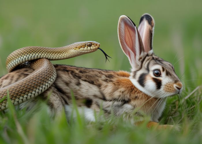 Snake constricting a rabbit in a field, showcasing nature's predator-prey dynamic.