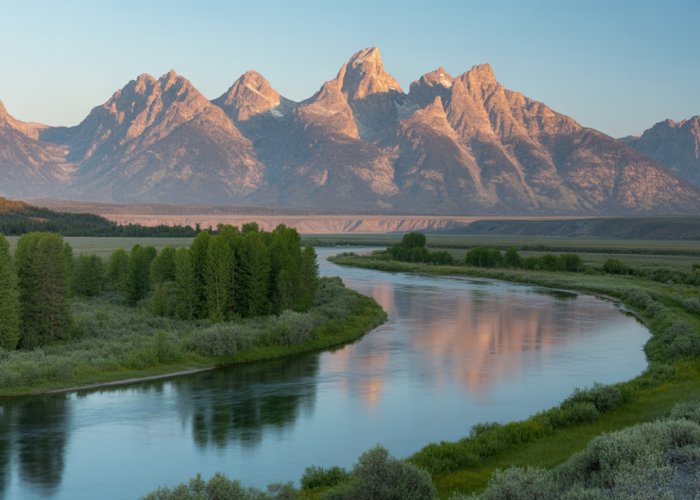Snake River reflecting the Grand Teton mountains at sunrise in Wyoming.