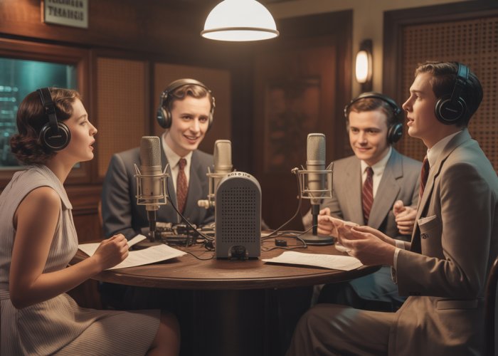 Actors performing a live radio drama in a 1930s studio, illustrating the origins of soap operas.