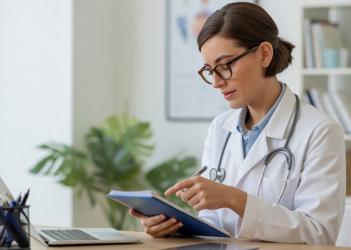 Doctor reviewing SOAP session notes on a tablet in a brightly lit office.