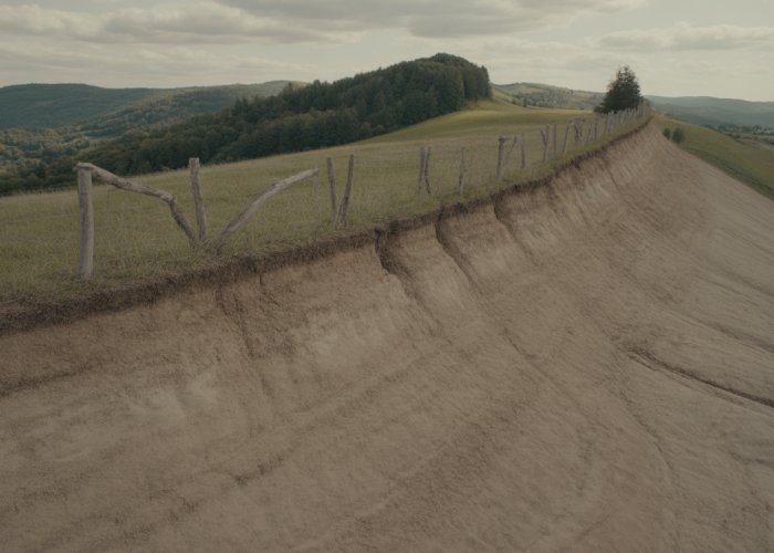 Time-lapse video showing the subtle movement of soil down a hillside over several months, including leaning fences and curved tree trunks.