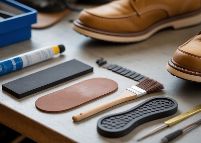 Sole repair kit components laid out on a workbench, with a worn shoe in the background.