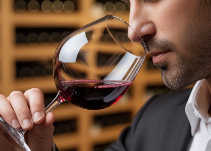 Sommelier swirling red wine in a glass