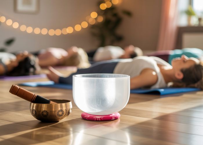 Participants relaxing during a sound bath session, highlighting the crystal singing bowl and serene ambiance.