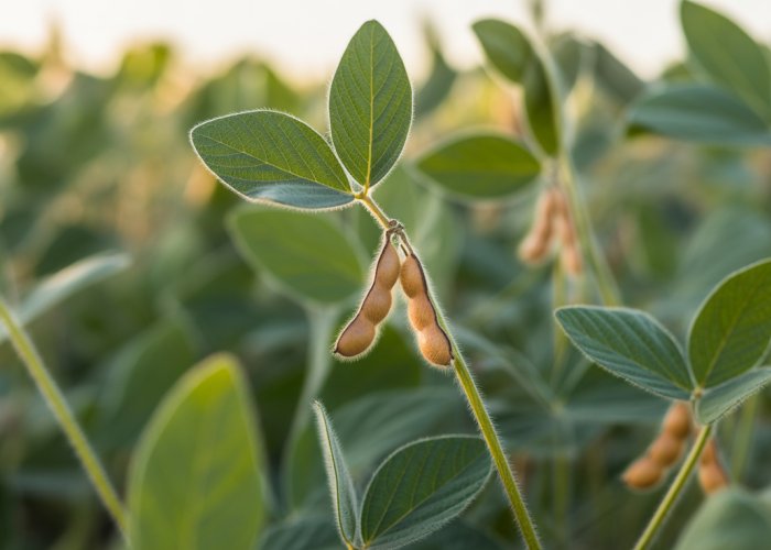 Soybean plants in a field with developing pods. The image emphasizes the detail of the leaves and pods, visually representing Glycine max.