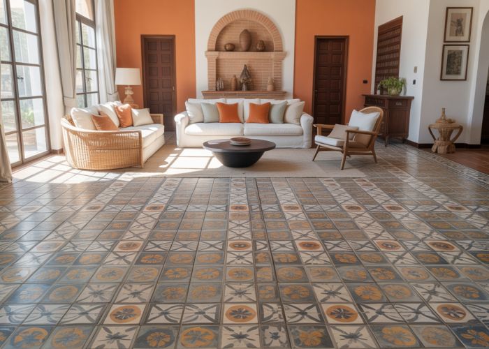 Living room featuring colorful and intricate Spanish floor tiles (azulejos) in a Mediterranean-inspired design.