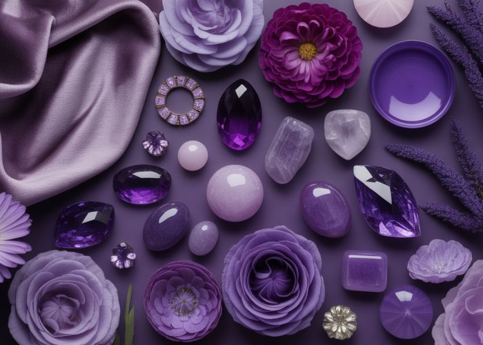 A spectrum of purple hues displayed through various objects like flowers, velvet fabric, and gemstones.