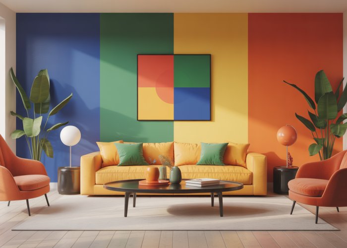 Living room showcasing a split-complementary color scheme using blue, yellow-orange, and red-orange to create a visually appealing and harmonious space.