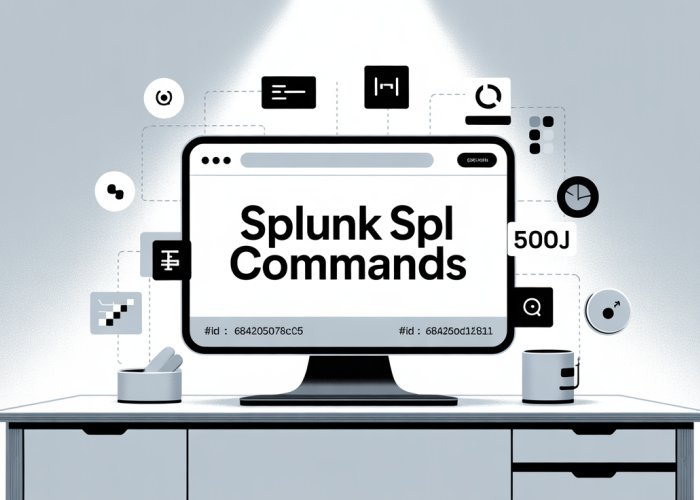 A visual representation of Splunk's SPL commands displayed on a terminal screen, highlighting keywords like 'search', 'stats', 'timechart', and 'transaction'.