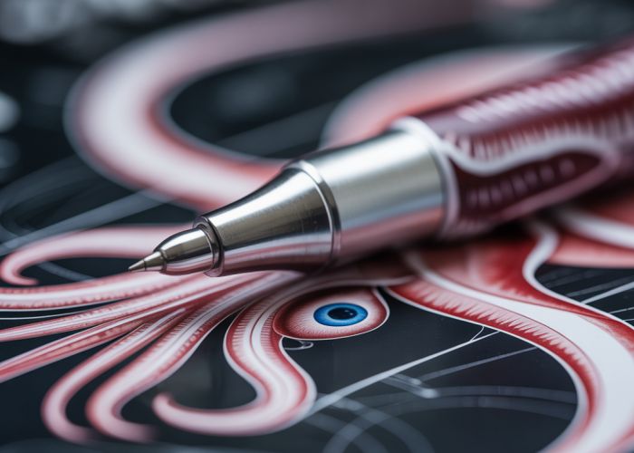 Close-up image of a squid anatomy pen, showing detailed anatomical illustrations.