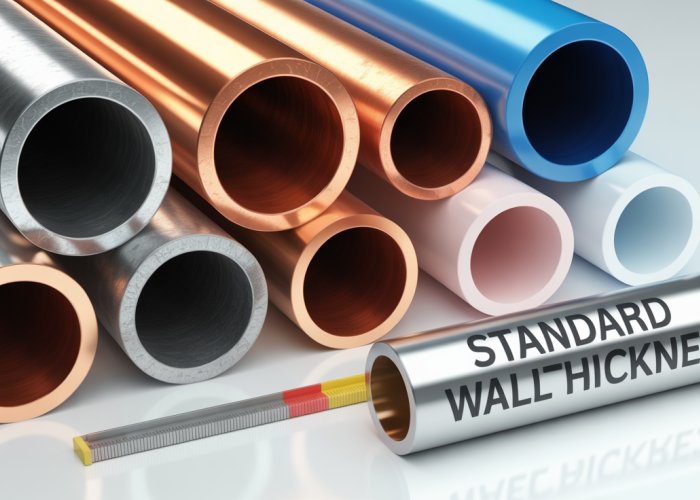 Illustration comparing standard pipe wall thickness across different materials: steel, copper, and PVC.
