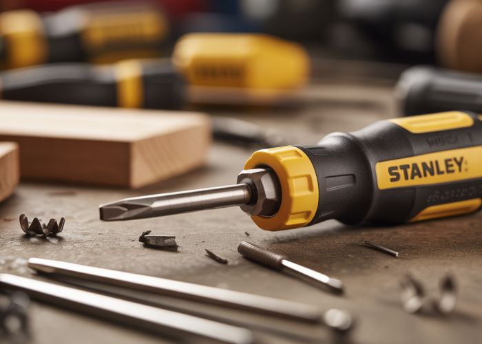 Stanley Workmaster Screwdriver on a workbench with scattered tools and materials.
