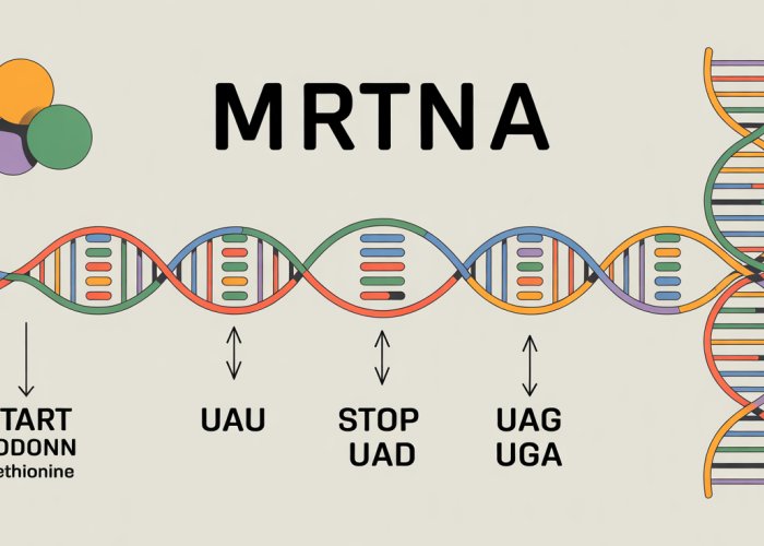 Diagram illustrating start and stop codons (AUG, UAA, UAG, UGA) on mRNA and their role in protein synthesis.