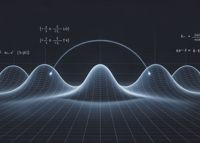 Animated GIF demonstrating a stationary wave with labeled nodes, antinodes, wavelength and frequency, showcasing the mathematical equation.