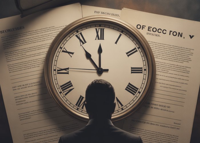 Abstract image representing the weighty decision surrounding a stay of execution, showing a clock partially obscured by shadows with a glimmer of light highlighting a legal document.