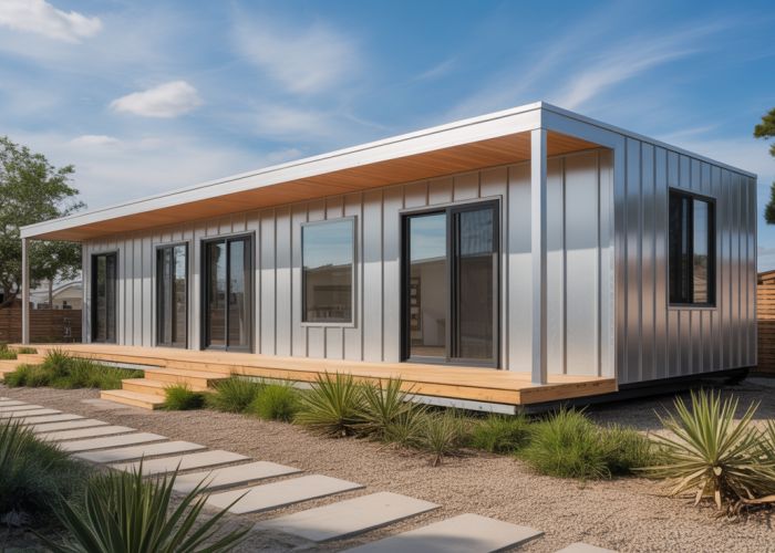 Modern steel manufactured home exterior with minimalist design and drought-resistant landscaping.
