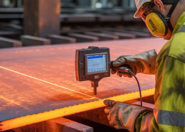 Worker using laser gauge to measure the thickness of a hot steel slab in a mill.