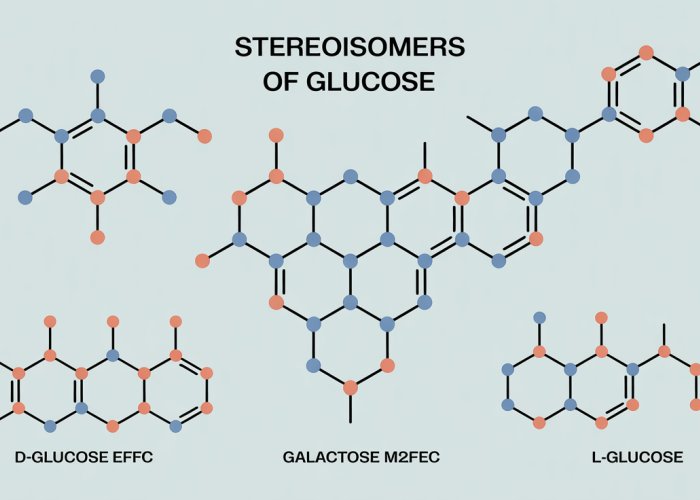 Illustration comparing the structures of D-glucose, L-glucose, galactose, and mannose, highlighting the different configurations around chiral carbons.