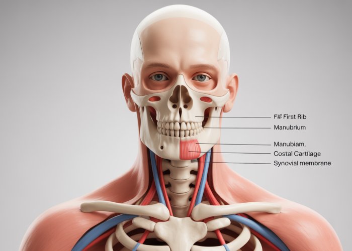Anatomical illustration of the first sternocostal joint, highlighting the connection between the first rib and the sternum.