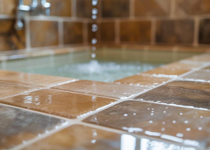 Sparkling clean stone shower after professional cleaning.