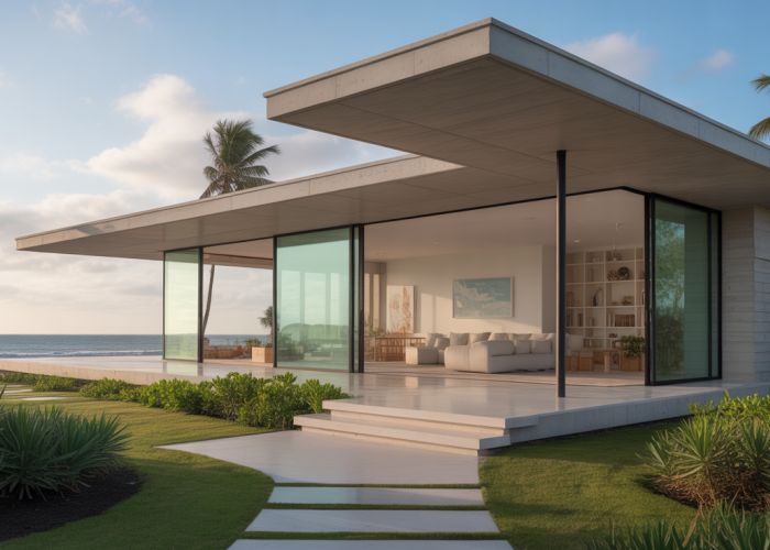 Modern storm-proof home with impact-resistant windows and reinforced concrete, located on the coast.
