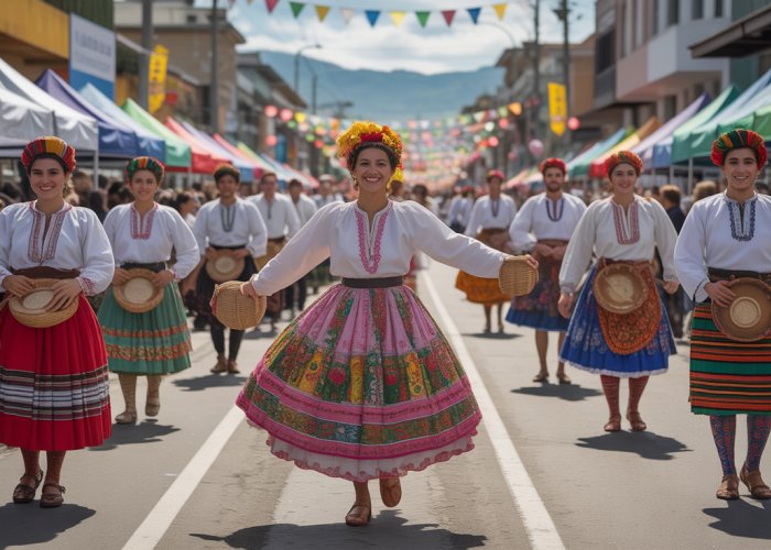 Street festival showcasing traditional dances and local food, representing the community's cultural heritage.