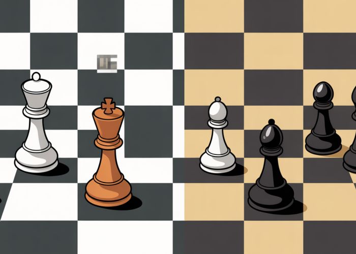 Chessboard with a fork in the road visually representing two different paths of play, one leading to a guaranteed outcome (checkmate), the other to an uncertain outcome. Represents the concept of subgame Nash equilibrium.