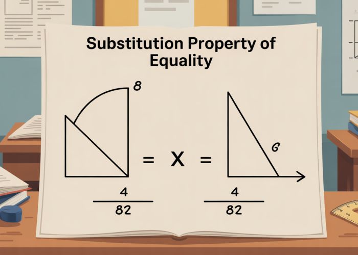 Diagram explaining the Substitution Property of Equality applied to angle measures in geometry. Example shows angle A = angle B, therefore angle A can replace angle B in any equation.