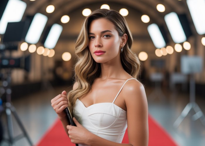 Powerful actress on red carpet, symbol of female empowerment in film.