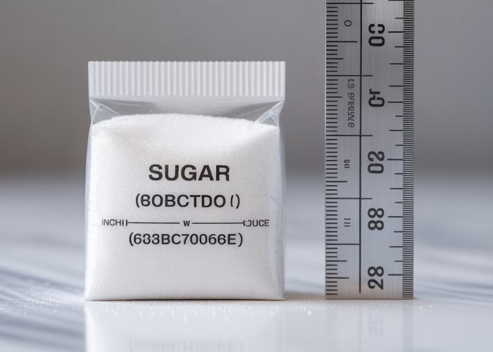 Standard sugar packet dimensions shown with a ruler. Packet is white and clearly displays measurements in inches and centimeters.