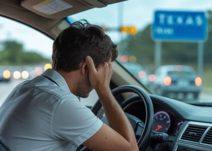 Frustrated driver holding their head after learning about their suspended license in Texas.