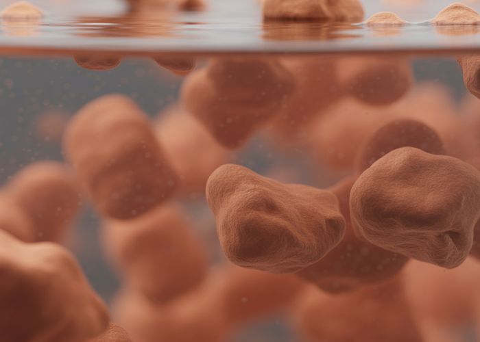 Clay particles suspended in water, illustrating a heterogeneous suspension mixture.