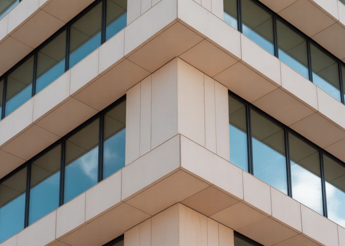Sustainable building using gypsum board for energy efficiency and modern design.