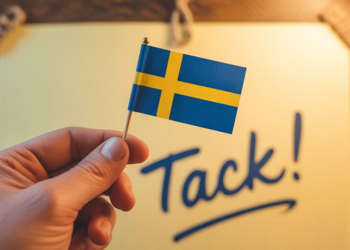 Hand holding a Swedish flag with a note saying 'Tack!' - the Swedish word for thanks.