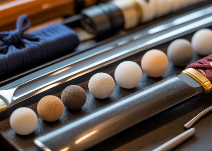 Sword polishing kit with polishing compounds, cloths, and uchiko ball, showing a partially polished sword.