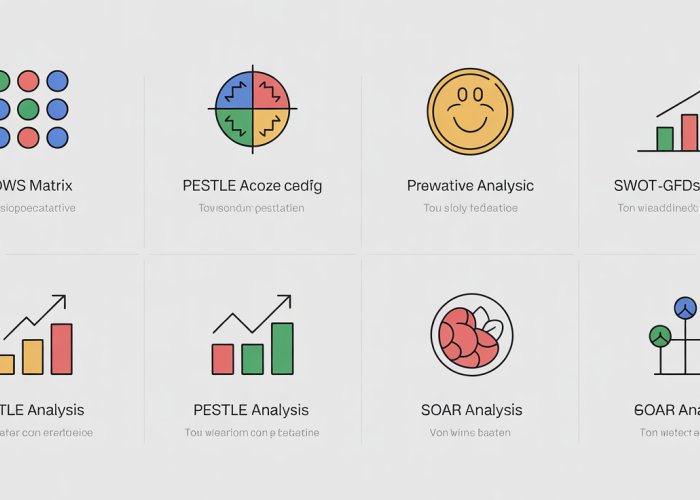 Comparison table of SWOT analysis alternatives: TOWS, PESTLE, and SOAR, highlighting their benefits and features.