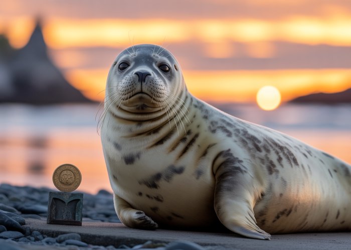 Harbor seal resting on rocks at sunrise, possibly symbolizing wisdom, adaptability, and hidden depths.