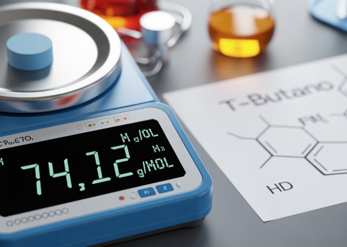 Laboratory balance displaying the molar mass of t-butanol: 74.12 g/mol. Chemical structure of t-butanol in the background.