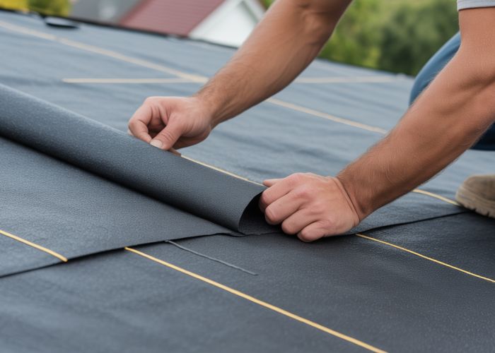 Close-up of tar paper being installed on a residential roof, showing overlapping seams and proper adhesion.