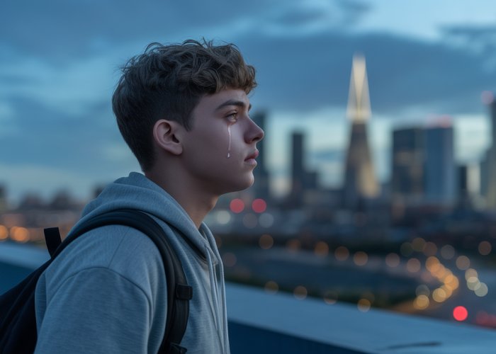 Teenager stands on rooftop at night, contemplating the city lights, feeling alone and invincible, illustrating the personal fable phenomenon.