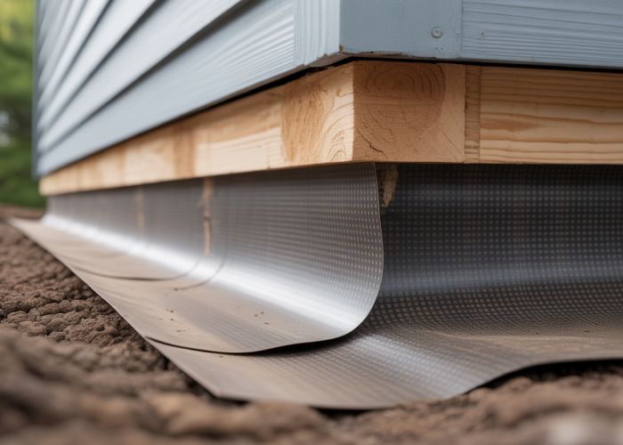 Termite shield flashing installed on a building foundation, preventing termite access.