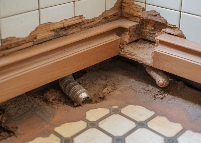 Termite damage in a bathroom, showing decayed wood and tunnels.