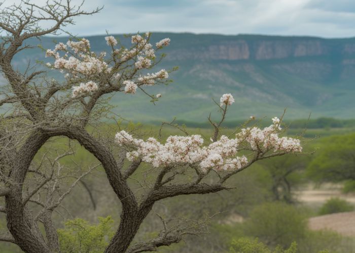 Close-up of Texas Kidneywood tree flowers, showing delicate white blooms.